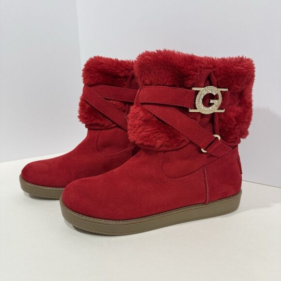 G by GUESS GALLIO RED FAUX FUR SLIP ON ANKLE BOOTS BOOTIE Women’s Size 5.5M - Picture 3 of 16